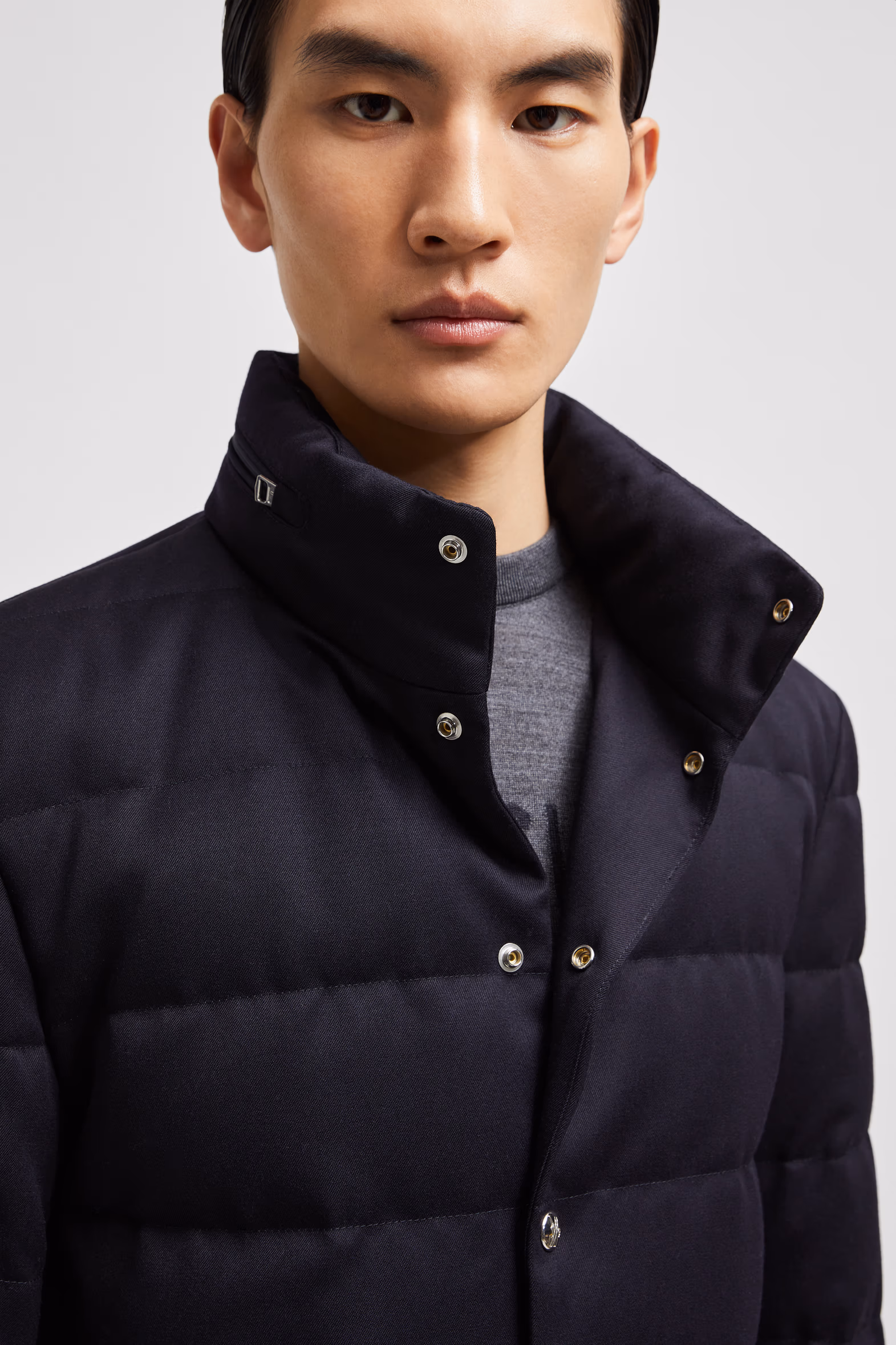 Bess Hooded Wool Short Down Jacket Men Navy Blue Moncler 10